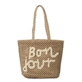 Beige woven straw tote bag featuring a white plush Bonjour embroidery and sturdy handles - Khaki and White
