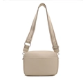 Borsa a tracolla minimalista in pelle PU beige con ampia tracolla in tessuto e dettagli argento - Bianco