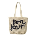 Light beige woven tote bag with dark blue Bonjour embroidery and braided handles - Beige and Black