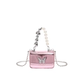 Pink metallic mirror PU leather crossbody bag with crystal butterfly and pearl heart handle - Pink