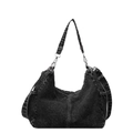 Black washed denim tote bag with adjustable shoulder strap and silver metal rings - Black