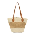 Sac fourre-tout tissé minimaliste avec motif vagues brunes et anses en cuir - Blanc Cassé