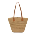 Sac fourre-tout en paille tissée kaki avec poignées en cuir marron pour l'été - Khaki
