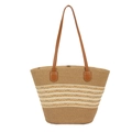 Sac fourre-tout en paille tressée avec rayures blanches et bandoulières en cuir marron - Rayures Larges Kaki Blanc