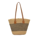 Sac fourre-tout en paille tissé beige clair avec rayures noires et longues anses marron - Rayures Fines Kaki Noir