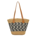 Woven tote bag featuring black and white diamond pattern with brown leather straps - Khaki Black Ripple