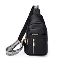 Black pebbled leather crossbody bag with ethnic patterned strap and gold hardware - Black