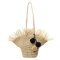Minimalistische Strohhandtasche für Damen mit dekorativen Pompons und Fransenverzierung - Gebrochenes Weiß
