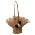 Sac à main bohème en paille tressée marron clair avec pompons bleu marine et or - Kaki