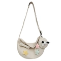 Beige Halbmond Umhängetasche aus Nylon mit niedlichen Hunde-Anhängern und kleiner Tasche - Weiß