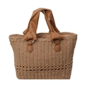 Minimalistische Stroh-Handtasche mit braunen Ledergriffen und hohlem Mesh-Bodendesign - Khaki