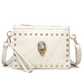 Sac bandoulière en similicuir blanc avec clous dorés et tête de mort en cristal - Blanc