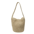 Sommerliche Stroh-Eimertasche in Beige mit detailliertem Hohlraum-Gittermuster - Gebrochenes Weiß