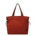 Minimalist brick red canvas tote bag with metal snap pocket and side drawstrings - Orange