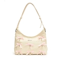 Bolso de hombro en cuero PU crema con lazos de seda rosa y colgantes de perlas - Blanco