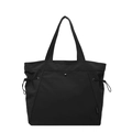 Minimalist black canvas tote bag for women featuring metal snaps and side drawstrings - Black