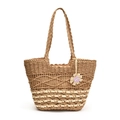 Sac fourre-tout en paille tissée marron et blanc avec pendentif fleur pour la mode printemps - Kaki
