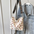 Beige corduroy strawberry bucket bag with retro patterned wide shoulder strap style - White