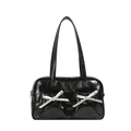 Sac à épaule noir brillant en PU avec nœuds argentés et texture froissée minimaliste - Noir