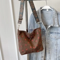 Brown corduroy crossbody bag with strawberry print and bohemian shoulder strap - Dark Brown