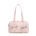 Sac à main rose en cuir PU avec nœuds argentés et poches plissées style Y2K - Rose