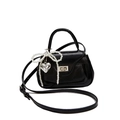 Mini black PU leather crossbody bag with pearl bow and silver heart pendant detail - Black (With Charm)