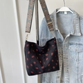 Black corduroy tote bag with strawberry print and colorful ethnic woven shoulder strap - Black
