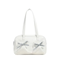 Sac à épaule chic en cuir PU blanc avec nœuds argentés et design à double poche - Blanc Cassé