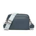 Navy blue lychee texture leather crossbody bag with geometric jacquard wide strap - Blue