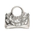 Chic silver metallic PU crossbody bag with round handle and pleated texture design - Silver