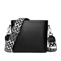 Black pebble leather bucket bag featuring a wide geometric woven shoulder strap - Black