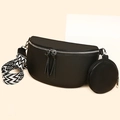 Black pebble grain leather waist bag with patterned strap and round coin purse accessory - Black