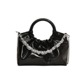Chic black PU leather handbag with glossy pleated finish and silver chain strap - Black