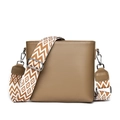 Khaki leather crossbody bag with adjustable wide geometric woven strap and silver hardware - Khaki