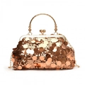 Sparkling rose gold sequin evening clutch bag with round metal handle and chain strap - Gold