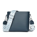 Genuine leather crossbody bucket bag in navy blue with geometric patterned wide strap - Blue