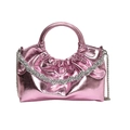 Pink metallic PU leather cloud bag with ruched texture and silver chain strap - Pink
