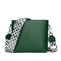 Green leather bucket bag with litchi texture and geometric patterned wide shoulder strap - Green