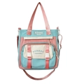 Multifunctional nylon tote bag with pink, blue, and beige color blocking design - Blue