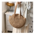 Große runde geflochtene Stroh-Schultertasche mit braunen Ledergriffen in Naturbeige - Stil 1 (Spiralgewebe) / Khaki