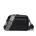 Crossbody black pebble grain leather bag with stylish geometric patterned wide shoulder strap - Black