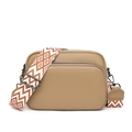 Khaki genuine leather crossbody bag with lychee texture and colorful woven strap - Khaki