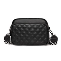 Black litchi grain leather crossbody bag with quilted rhombic pattern and woven strap - Stitched Black