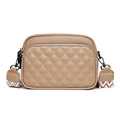 Khaki leather crossbody bag with lychee texture, quilted pattern and dual zippers - Stitched Khaki