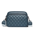 Navy blue lychee leather crossbody bag with geometric patterned ethnic style shoulder strap - Stitched Blue