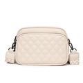 Beige lychee leather crossbody camera bag with diamond quilting and wide jacquard strap - Stitched Beige