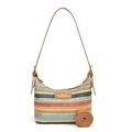 Bolso de media luna tejido arcoíris con rayas coloridas y correas de cuero marrón - Marrón