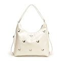 Borsa a spalla in pelle PU beige minimalista con decorazioni farfalla in metallo - Bianco