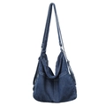 Deep blue denim washed sling backpack with adjustable straps and side pockets - Dark Blue