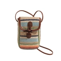 Sac bandoulière en paille à rayures colorées avec garniture en cuir brun et boucle en corne - Bleu